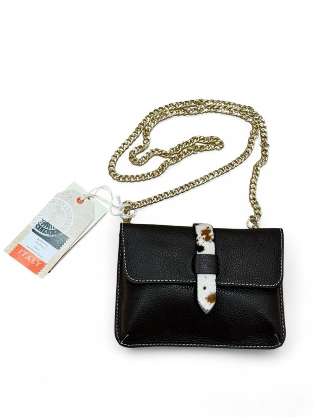 NWT Divina Firenze Black Leather Crossbody Bag w/ Gold Chain and Cowhide Accent - Picture 2 of 8